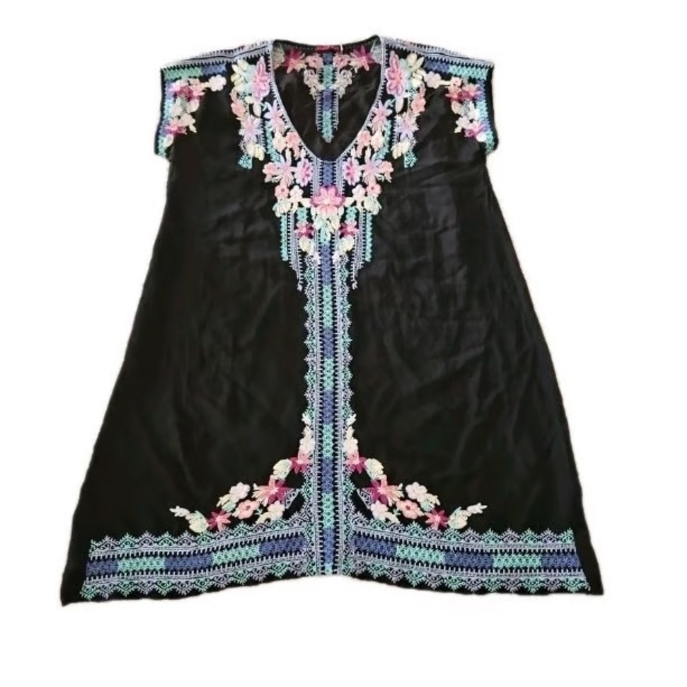 Johnny Was Black Top with Multicolor Floral Embroidery Yasi Tunic mini dress